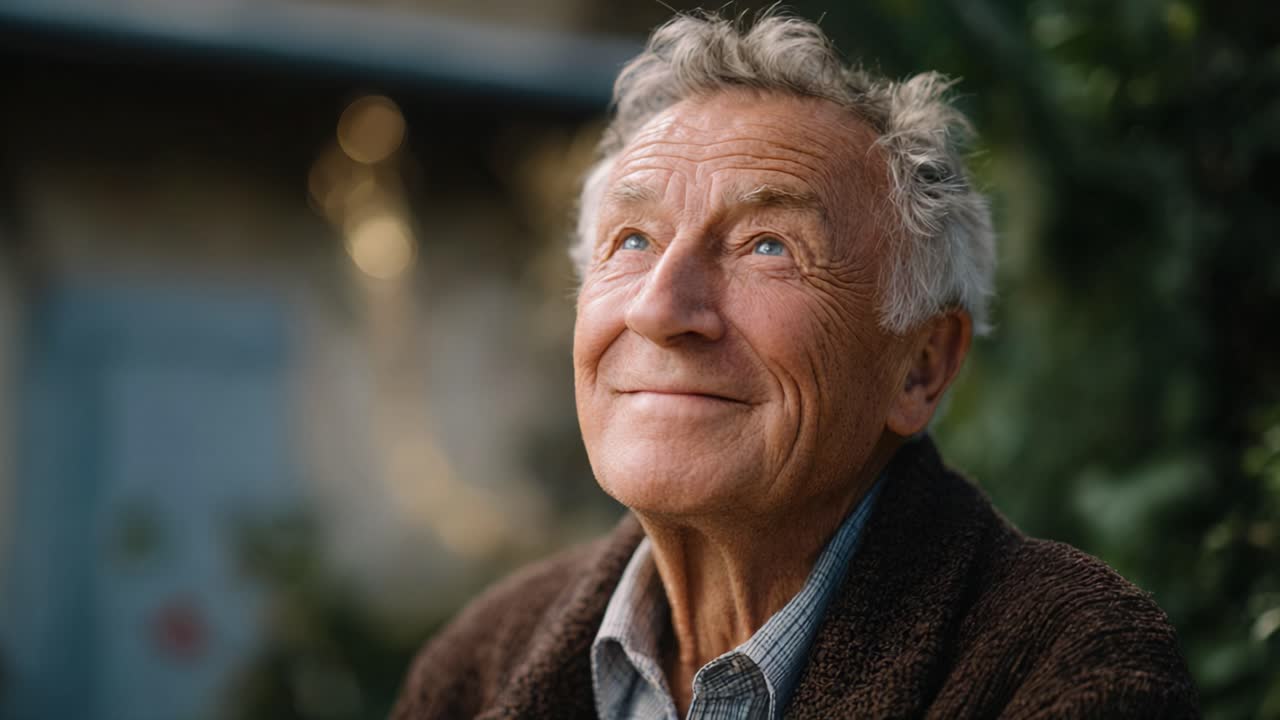 Cheerful Elderly Man Smiling While Looking Upward in Nature with Joyful Expression and Gleaming Eyes Captured in Two Sequential Frames of Life's Moments