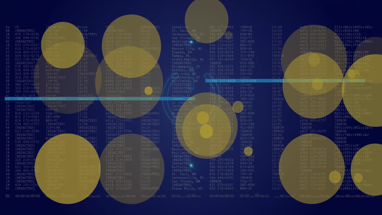 Animation of yellow spots and neon power icon against data processing on blue background