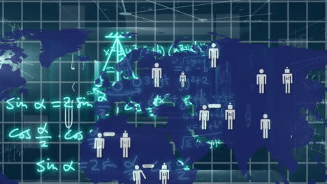 Mathematical-equations-and-human-figures-animation-over-world-map-background