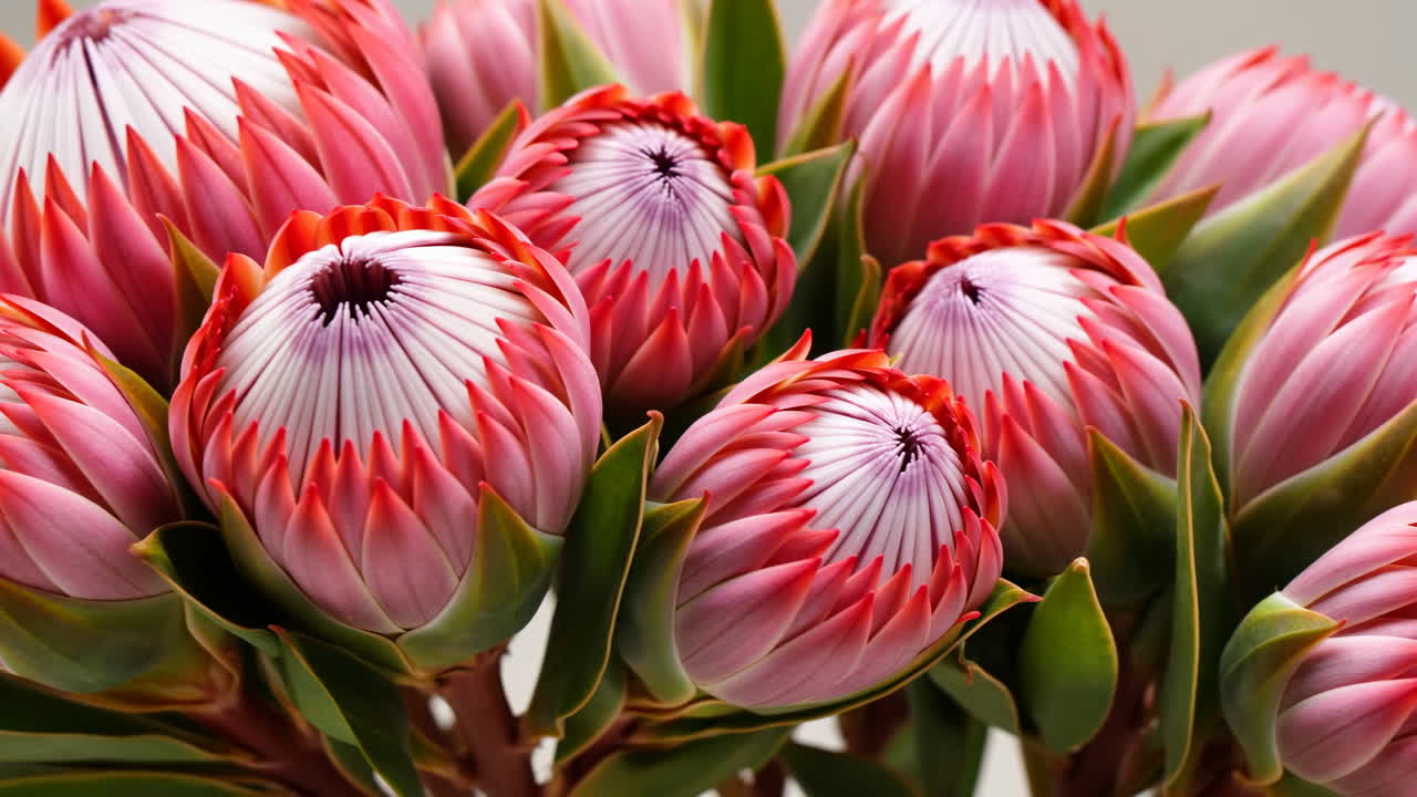 Close-up de Flores de Protea Rosas e Brancas Vibrantes