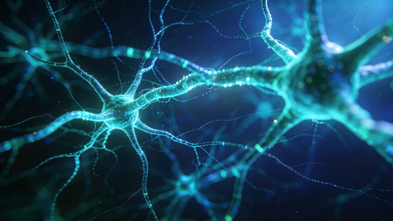 Drifting camera revealing microscopic neural somas in teal glow, axons pulsing with bead particles