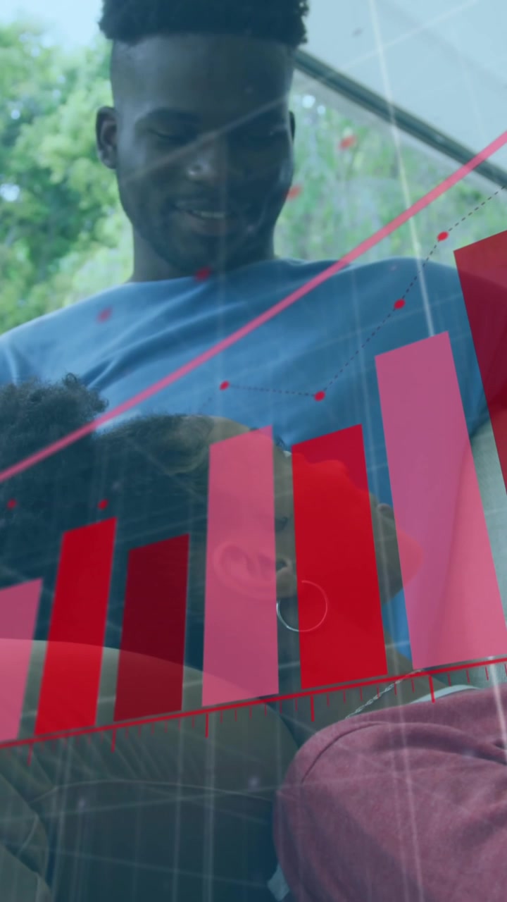 Animation of arrow on bar graphs, african american couple relaxing and spending quality time at home