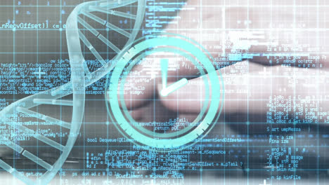 Animation-of-ticking-clock,-dna-structure,-data-processing-over-close-up-of-hand-typing-on-keyboard