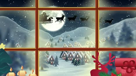 Animation-Einer-Winterweihnachtsszene-Mit-Häusern-Und-Weihnachtsmannschlitten,-Die-Durch-Das-Fenster-Gesehen-Werden