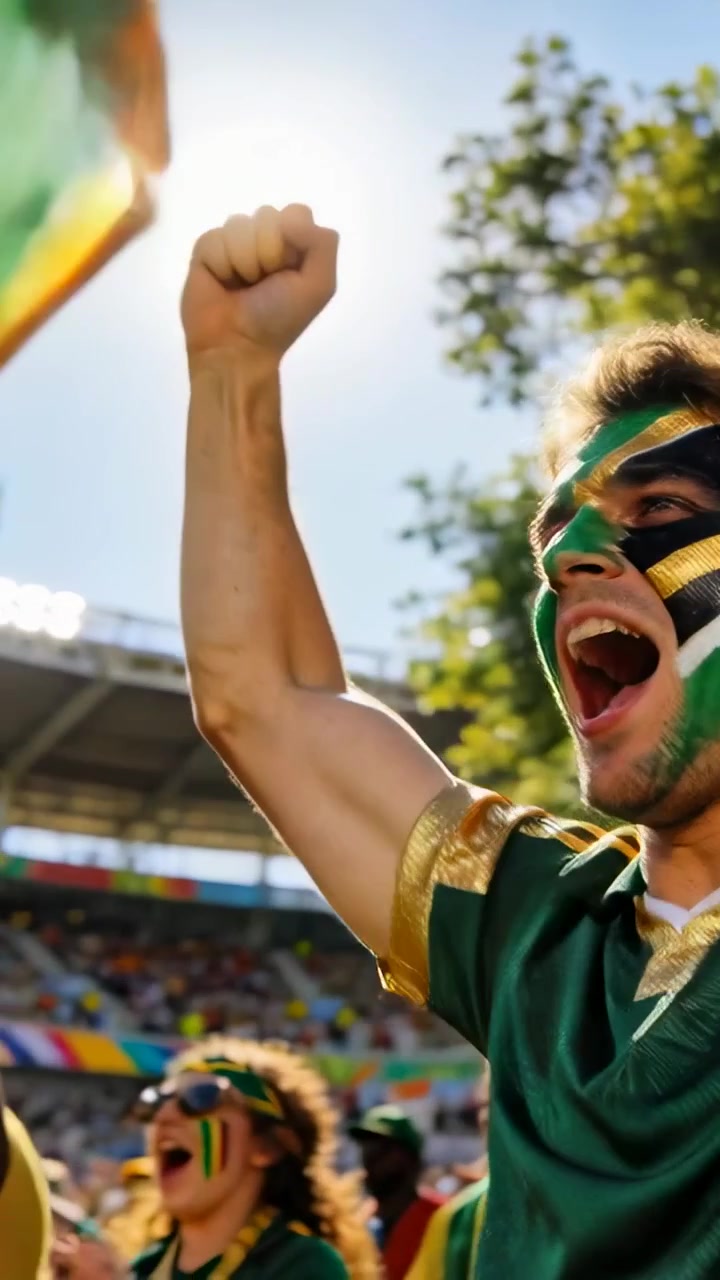Video verticale: Un tifoso con il viso dipinto che esulta, con una maglia verde, alza il pugno sugli spalti dopo un gol, con bandiere.