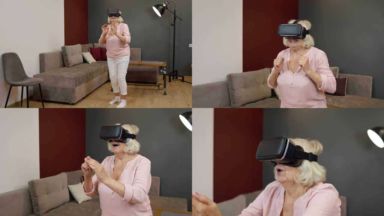 Senior grandmother woman in virtual headset glasses watching amazing 3D video in VR helmet at home