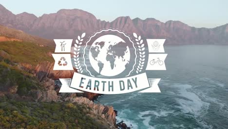 Animation-of-earth-day-text-and-icons-over-landscape