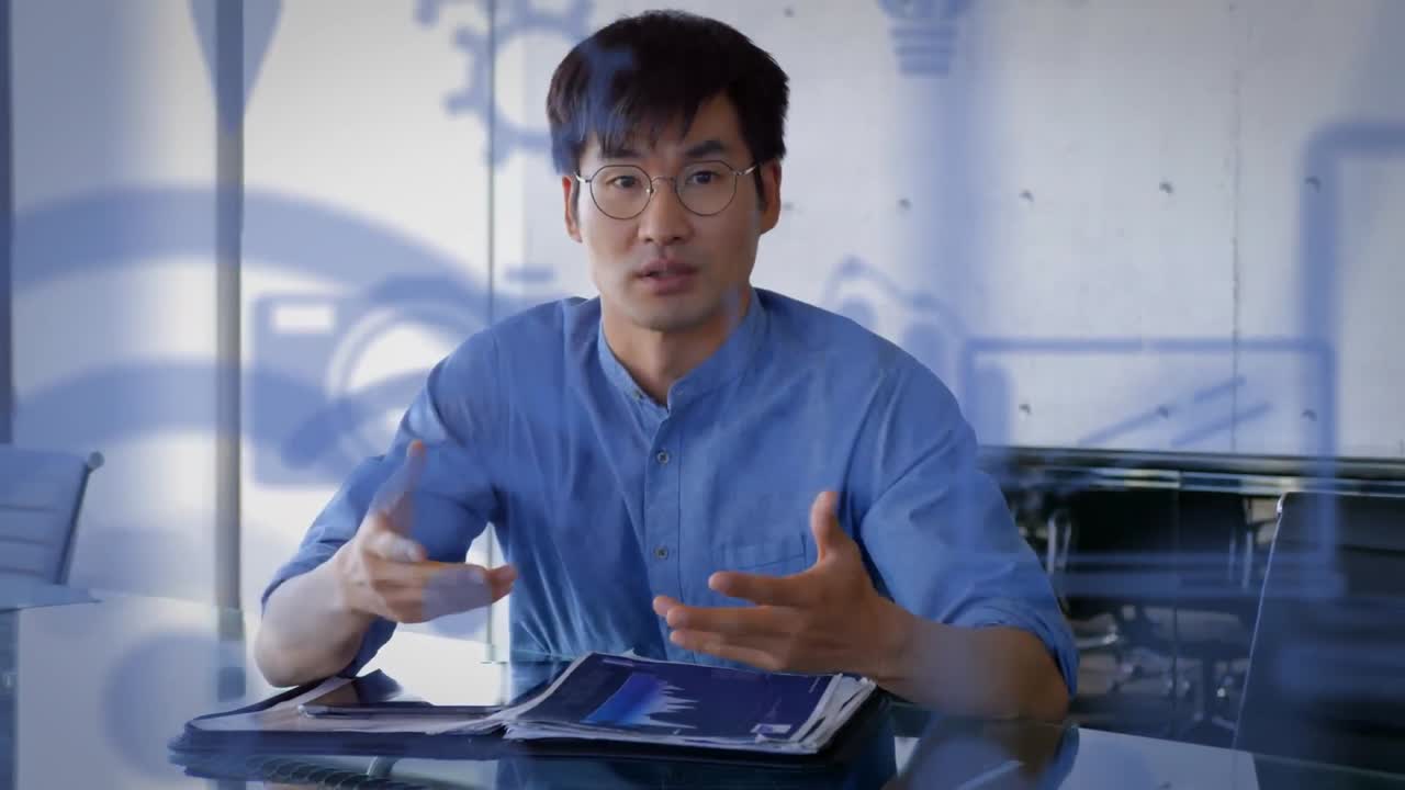 비디오 통화에서 사업가에 대한 디지털 아이콘의 애니메이션