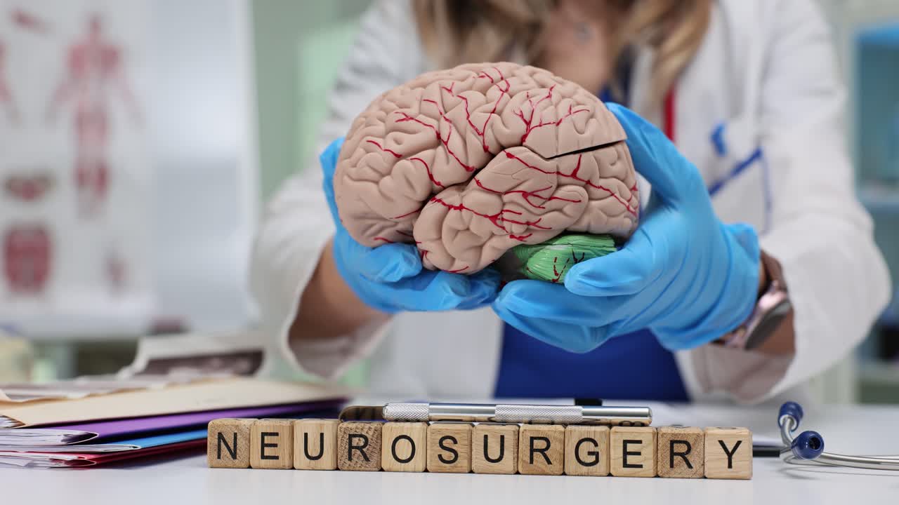 Médico Segurando Modelo de Cérebro Humano com Texto de Neurocirurgia