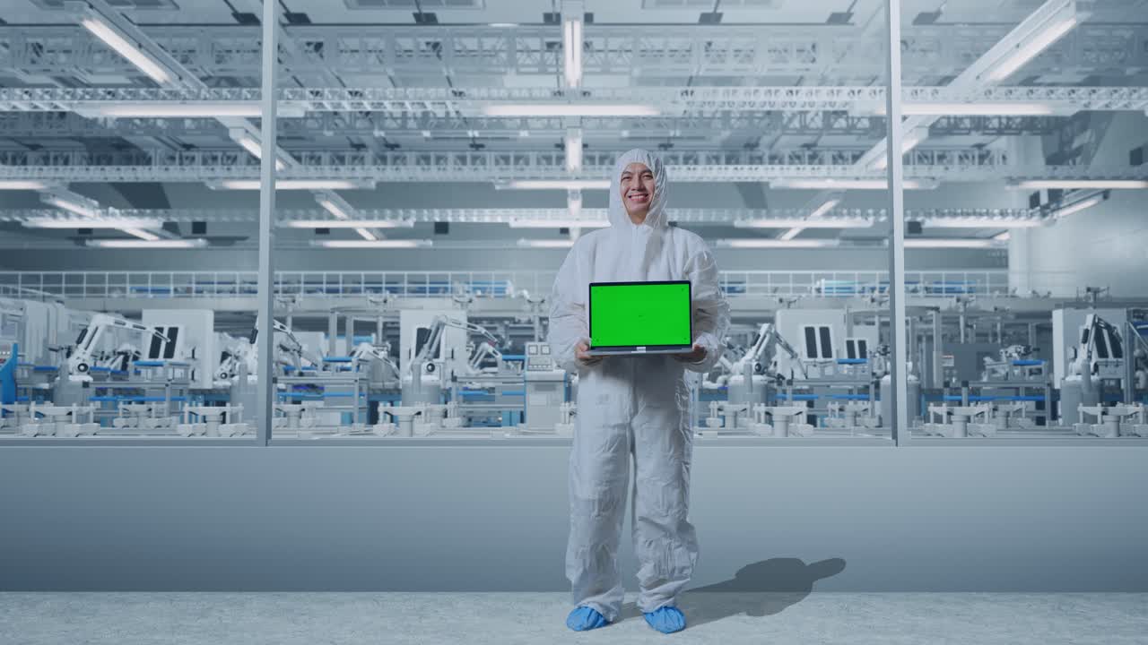 Full Body Of Asian Male Scientist Smiling And Showing Green Screen Laptop While Standing In Modern Lab Factory with Automated Robots