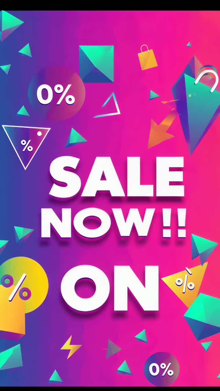 Vivace pubblicità di saldi con forme geometriche astratte e offerte di sconto