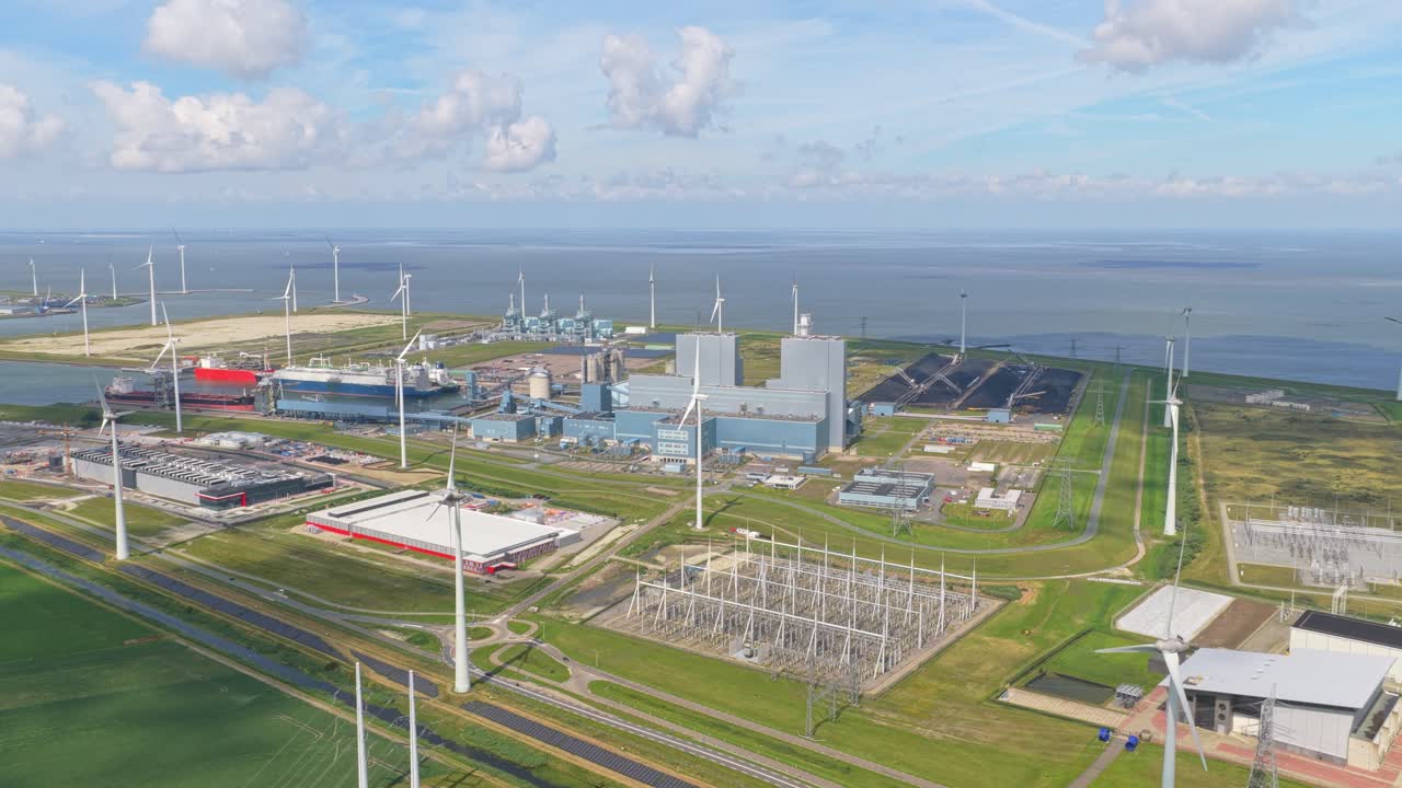 Drone panorama of Dutch power station using coal and biomass electricity