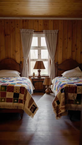 cozy bedroom interior with twin beds and wooden lamps