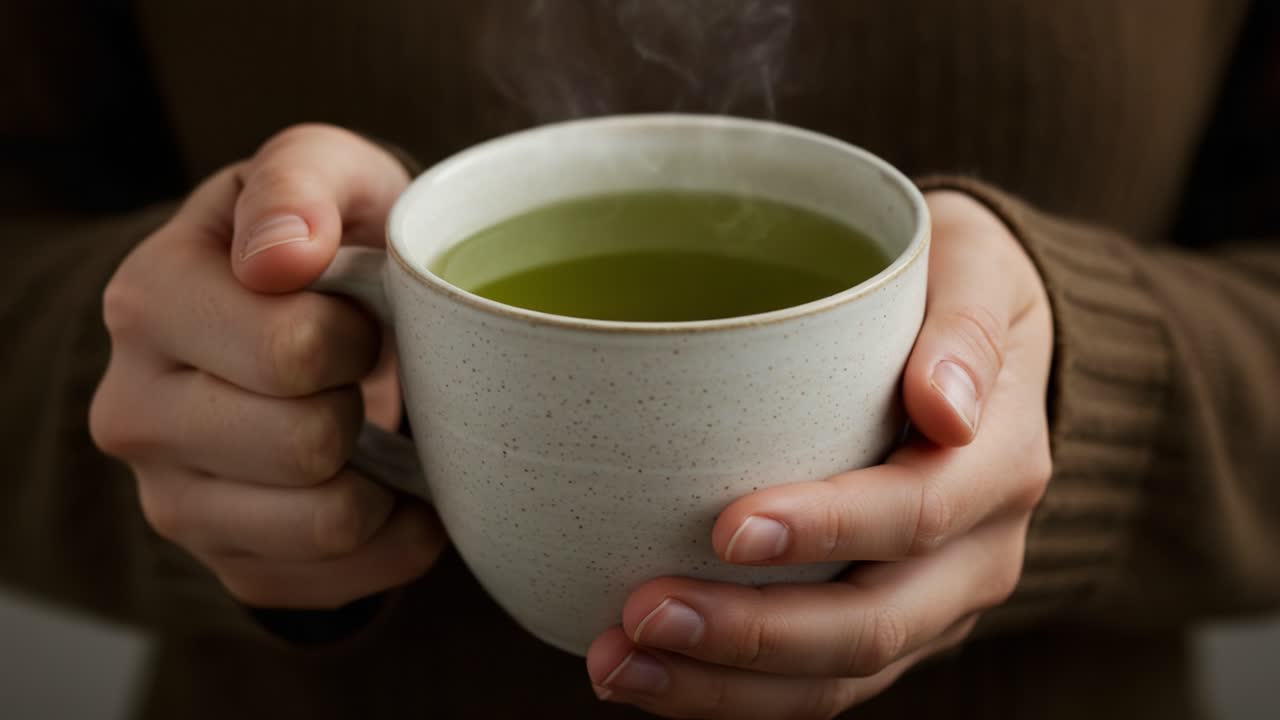 Hands holding a steaming mug of green tea