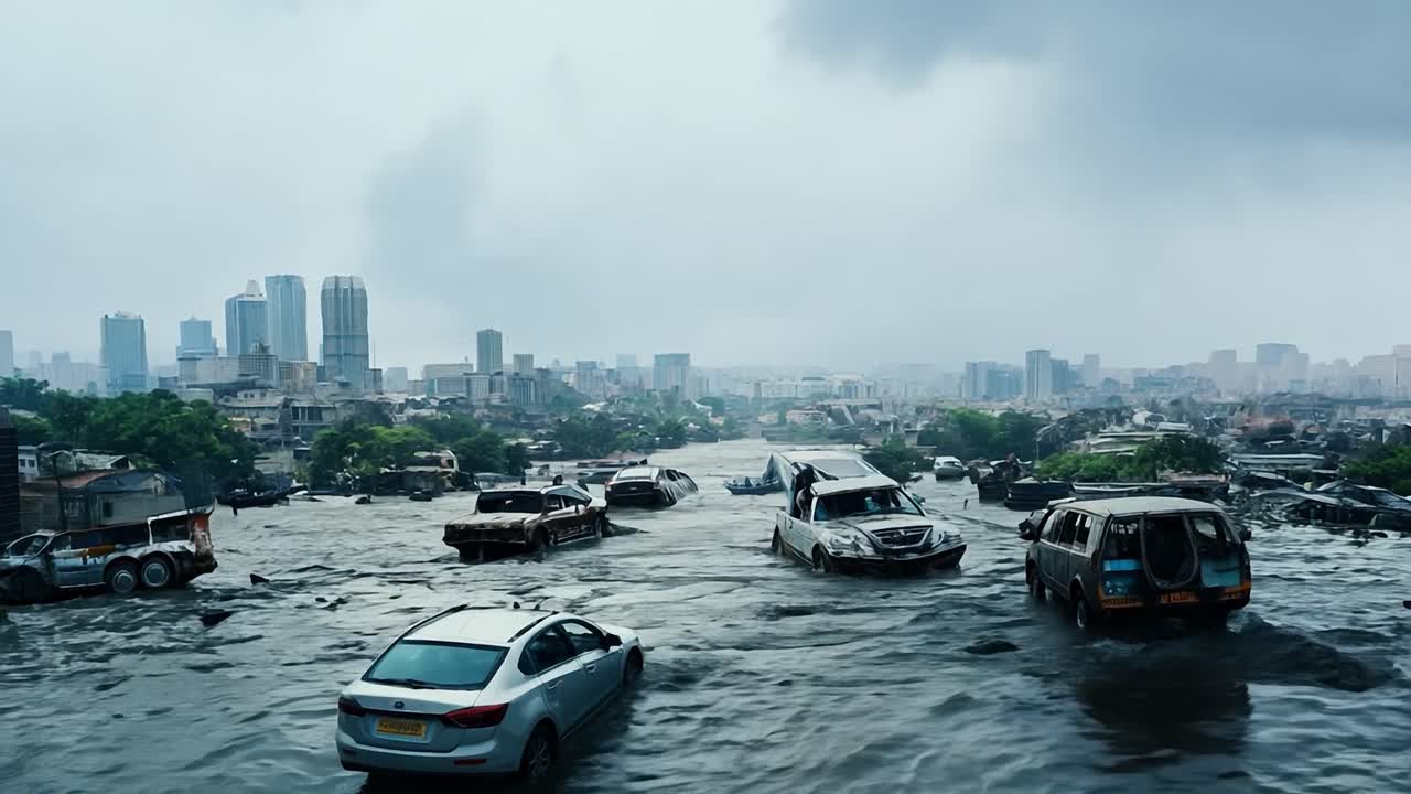 물에 잠긴 자동차로 침수된 도시 풍경