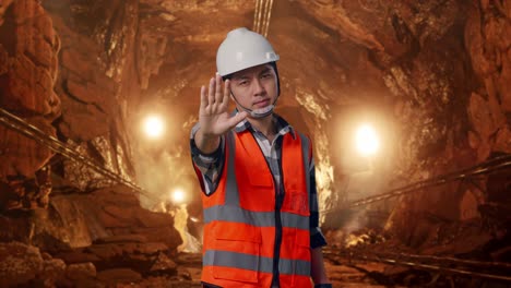 asian male engineer with safety helmet disapproving with no hand sign while standing in underground mine tunnel