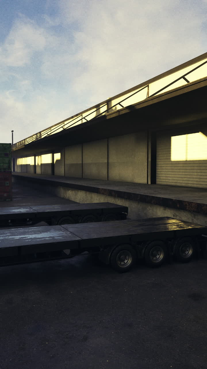 Busy port area showcasing trailers parked for loading in early morning light