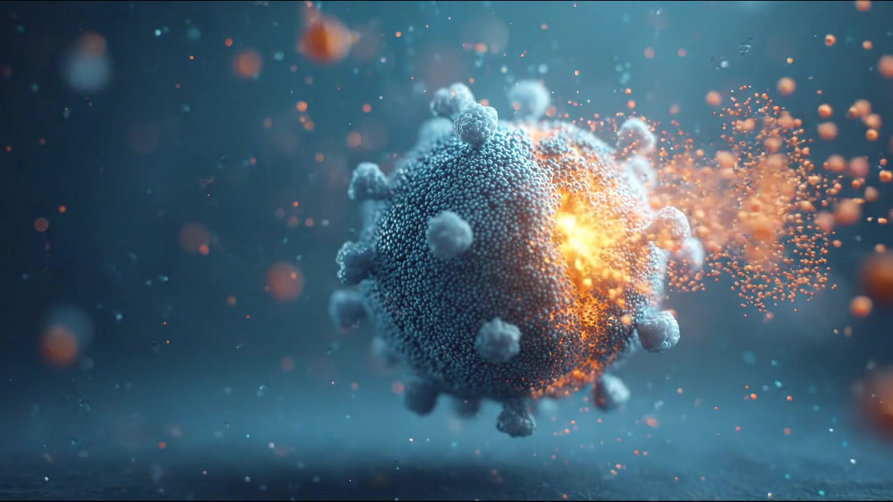 3D-animation af en viruscelle, der desintegrerer og udsender partikler