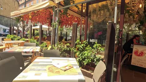 outdoor cafe with vibrant decor and pizza theme