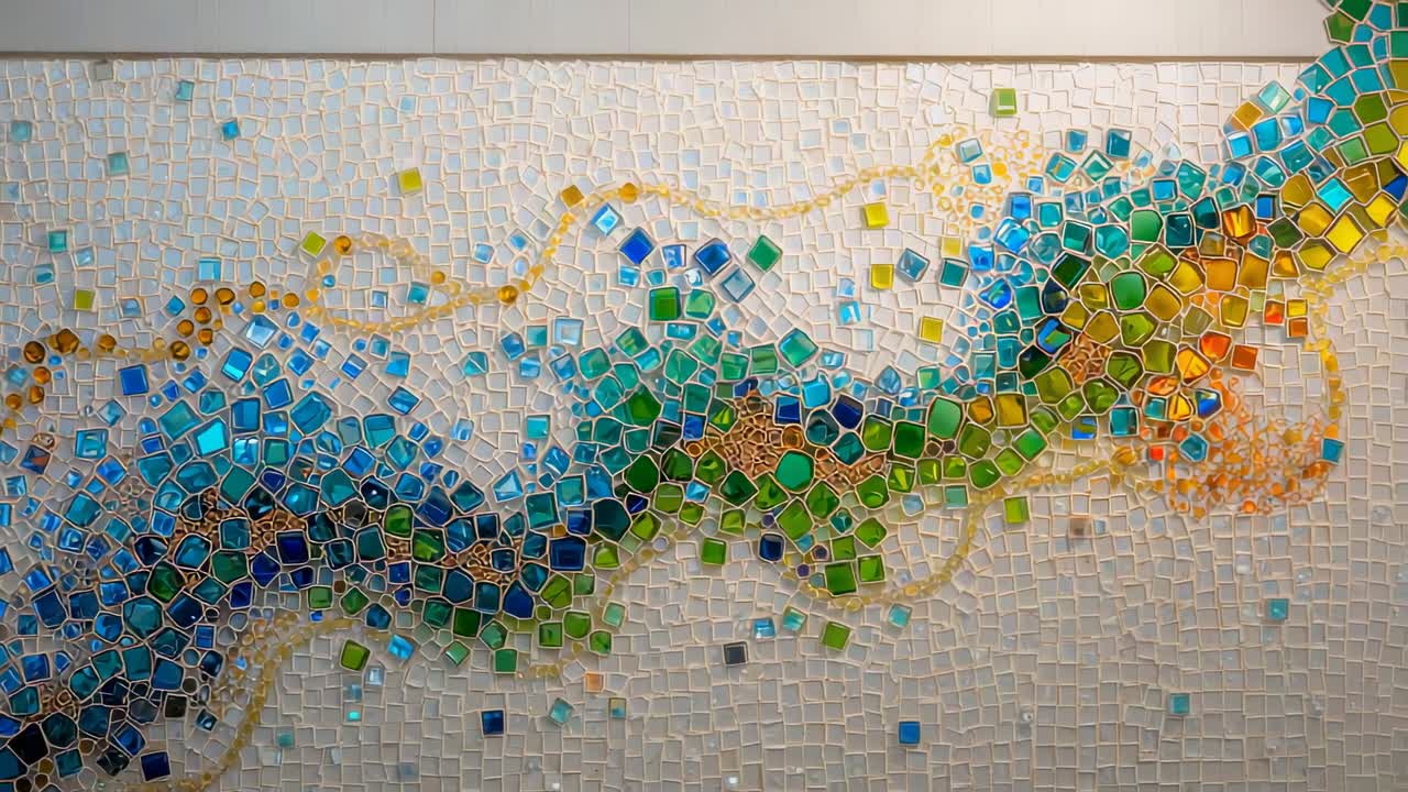 Panning camera revealing gallery mosaic mural tiles shifting from blue into green and orange tones