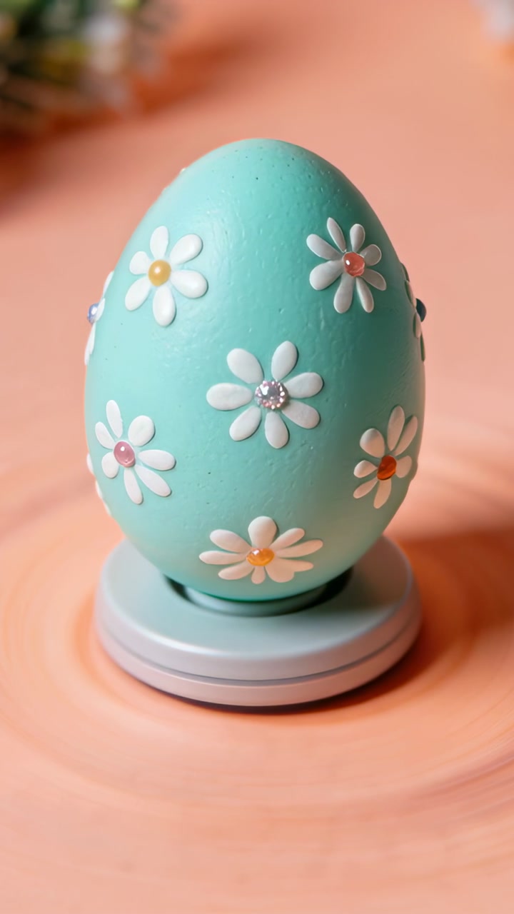 Vertical video: Rotating stand turning teal egg, showing daisies with bead centers for ecommerce