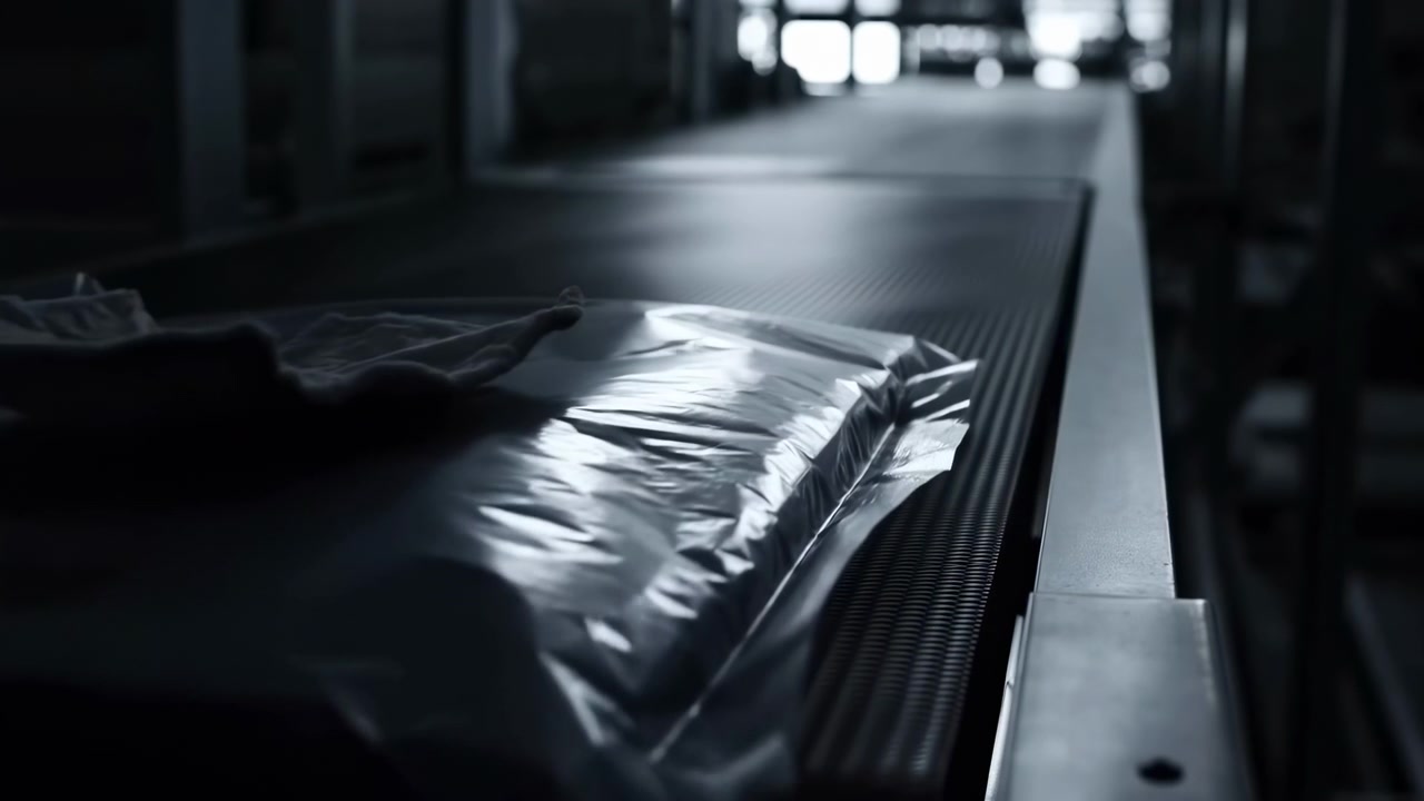 Wrapped package travels steadily across conveyor belt with textured black surface and metal edges, while low ambient light creates contrast and highlights motion in industrial workspace setting.