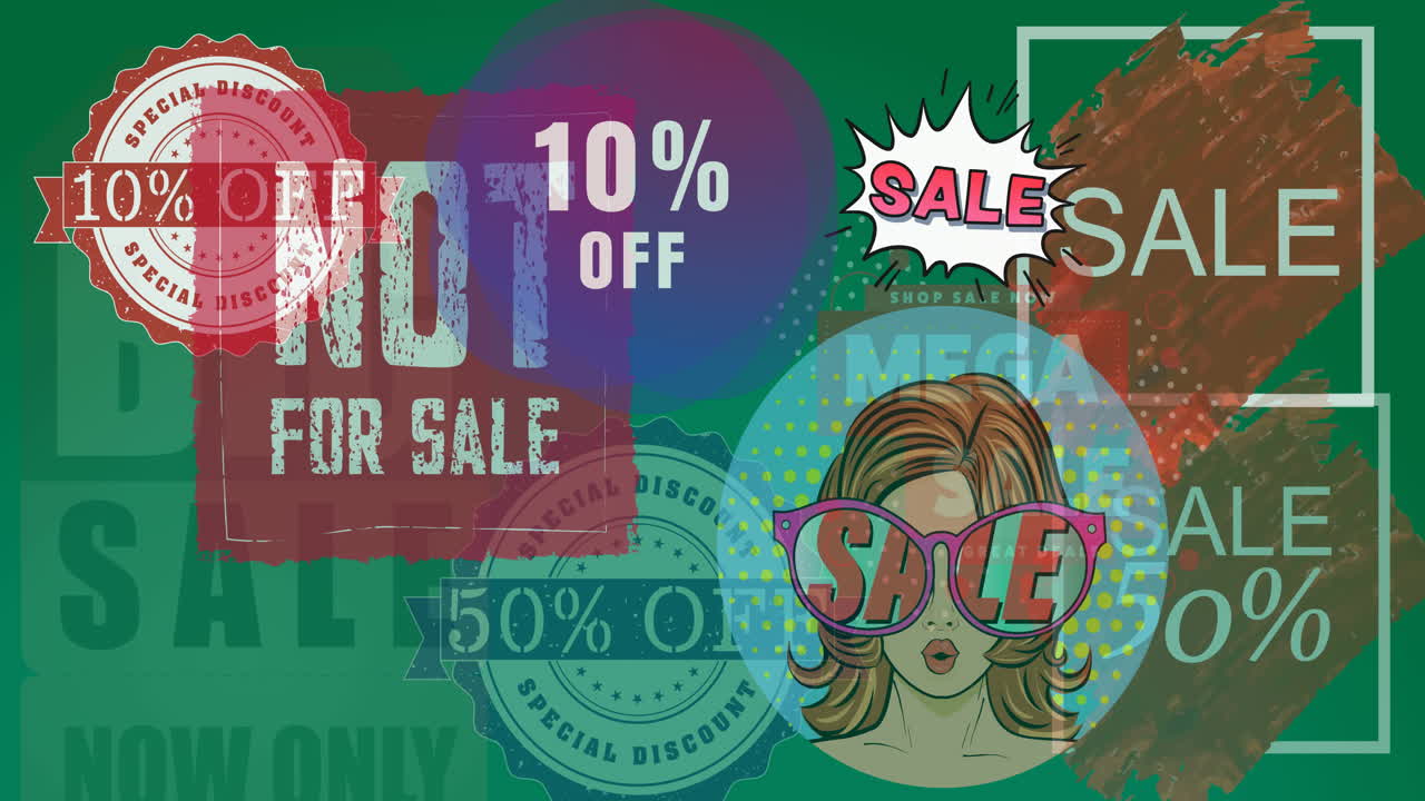 초록색 배경에 여러 판매 아이콘의 애니메이션