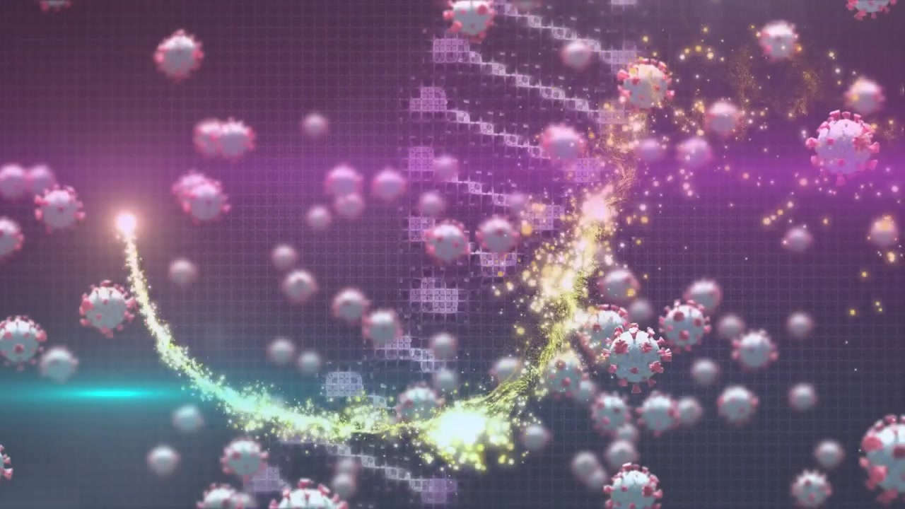 แอนิเมชันเซลล์เม็ดเลือดขาวและบินอยู่เหนือแสงแฟลร์เลนส์พร้อมเกลียว DNA ที่กำลังหมุน