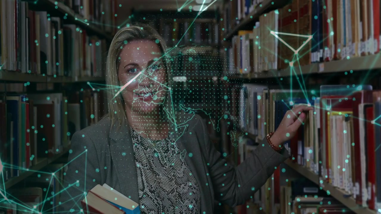 Librarian searching shelves and pulling book, initiating globe overlay translating right over face