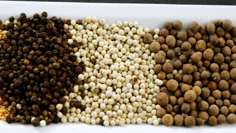 various spices animation over white rectangular dish with different peppercorns