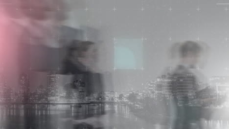 animation of business people walking in fast pace over cityscape