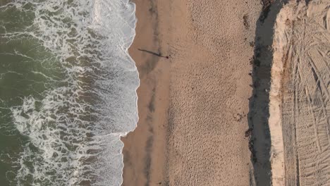 aerial drone top down shot of person running along the beach at low tide with waves crashing on the shoreline