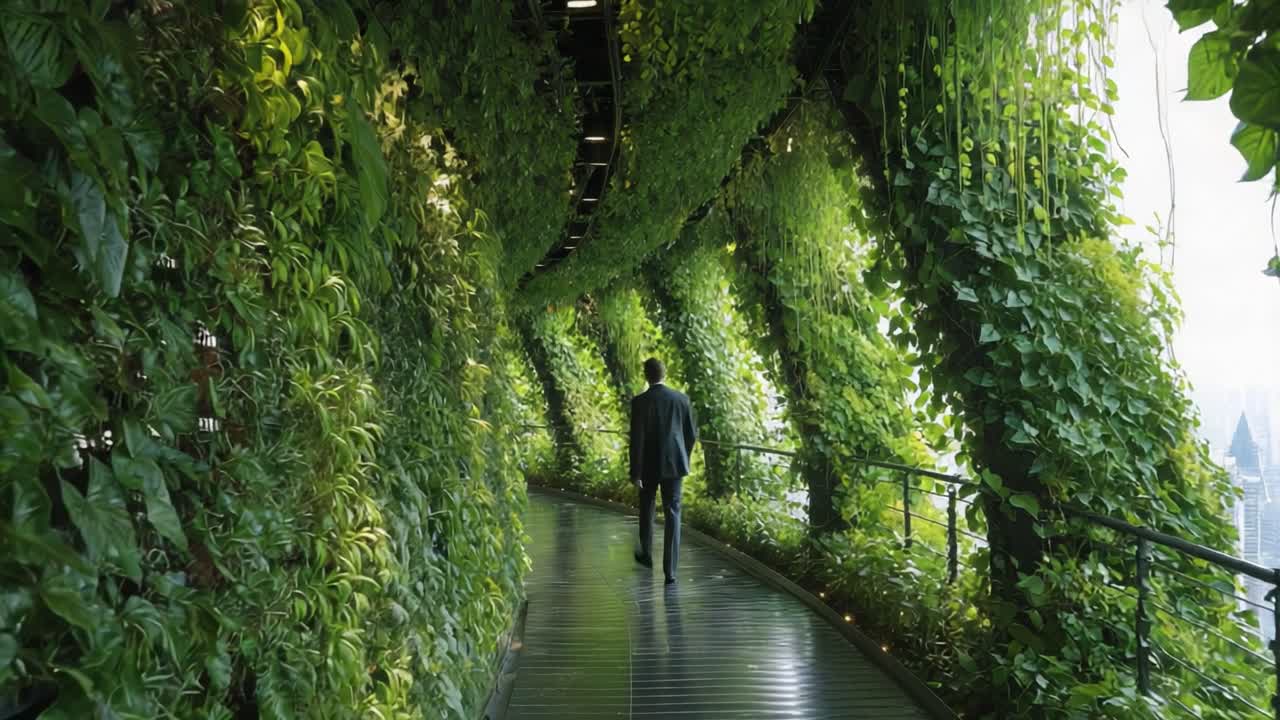 A Serene Walk Through a Lush Green Corridor: A Man Strolling Amidst Vibrant Foliage and Nature-Inspired Architecture in an Urban Oasis