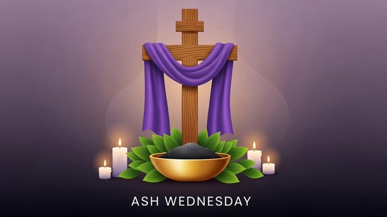Ash Wednesday religious background with wooden cross purple cloth and ashes