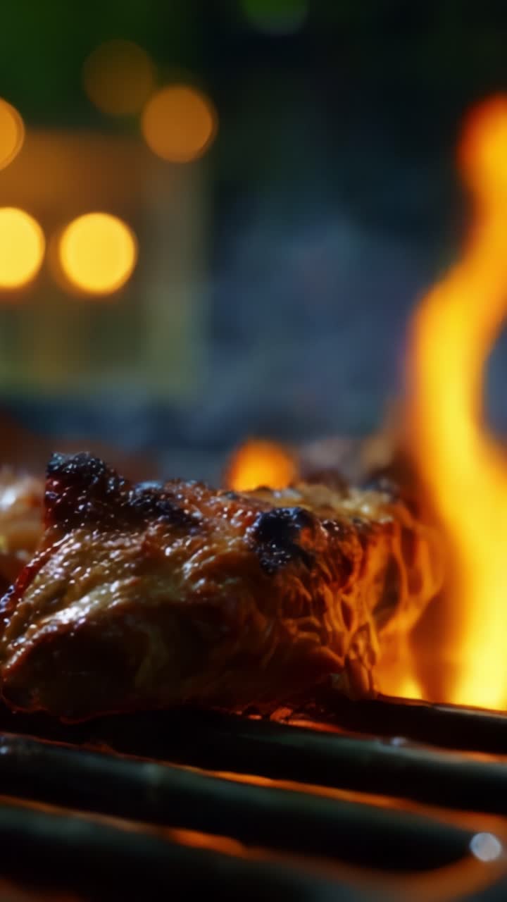 Deliziosa grigliata barbecue con fiamme e aromi affumicati su una griglia, che cattura l'essenza della cottura della carne e dell'esperienza culinaria all'aperto