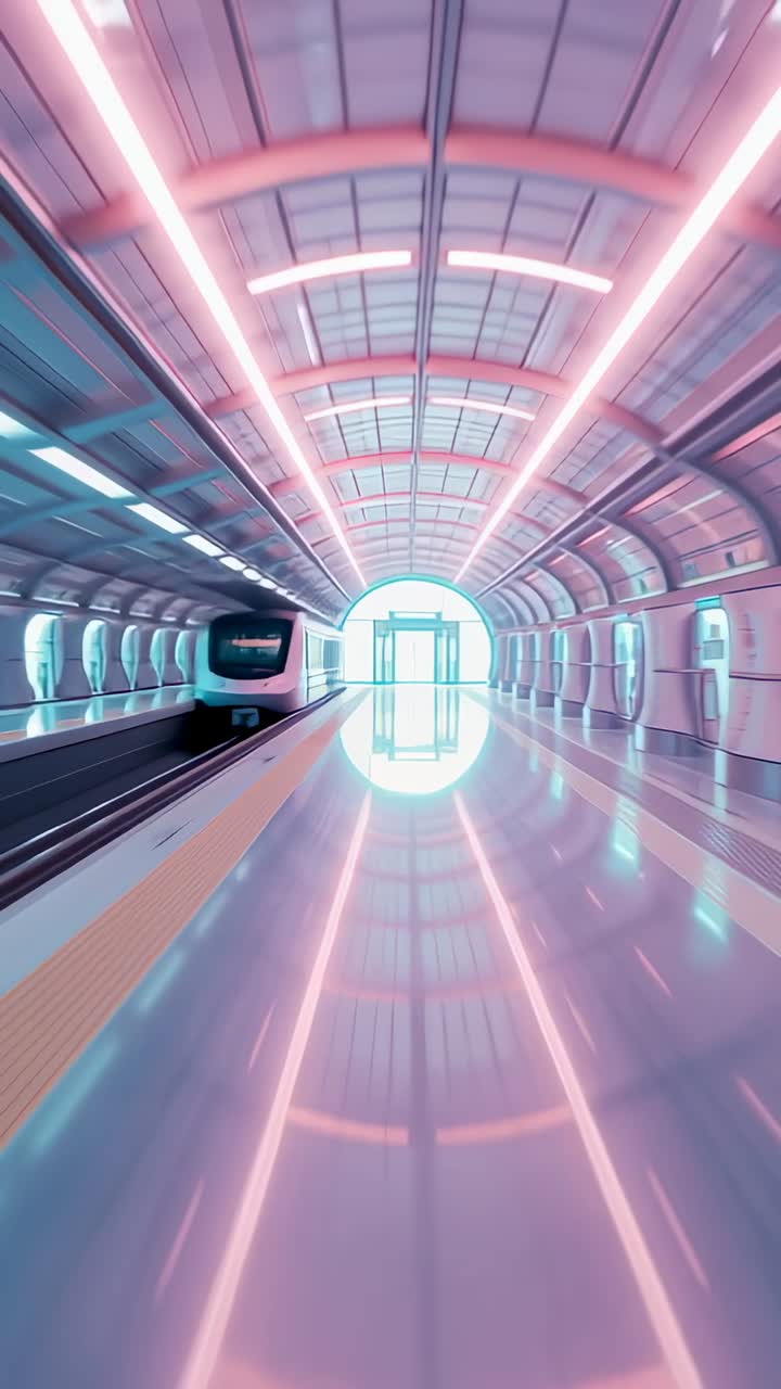 Vertical video: Signal flashing train entering station platform, stopping for boarding, copy space