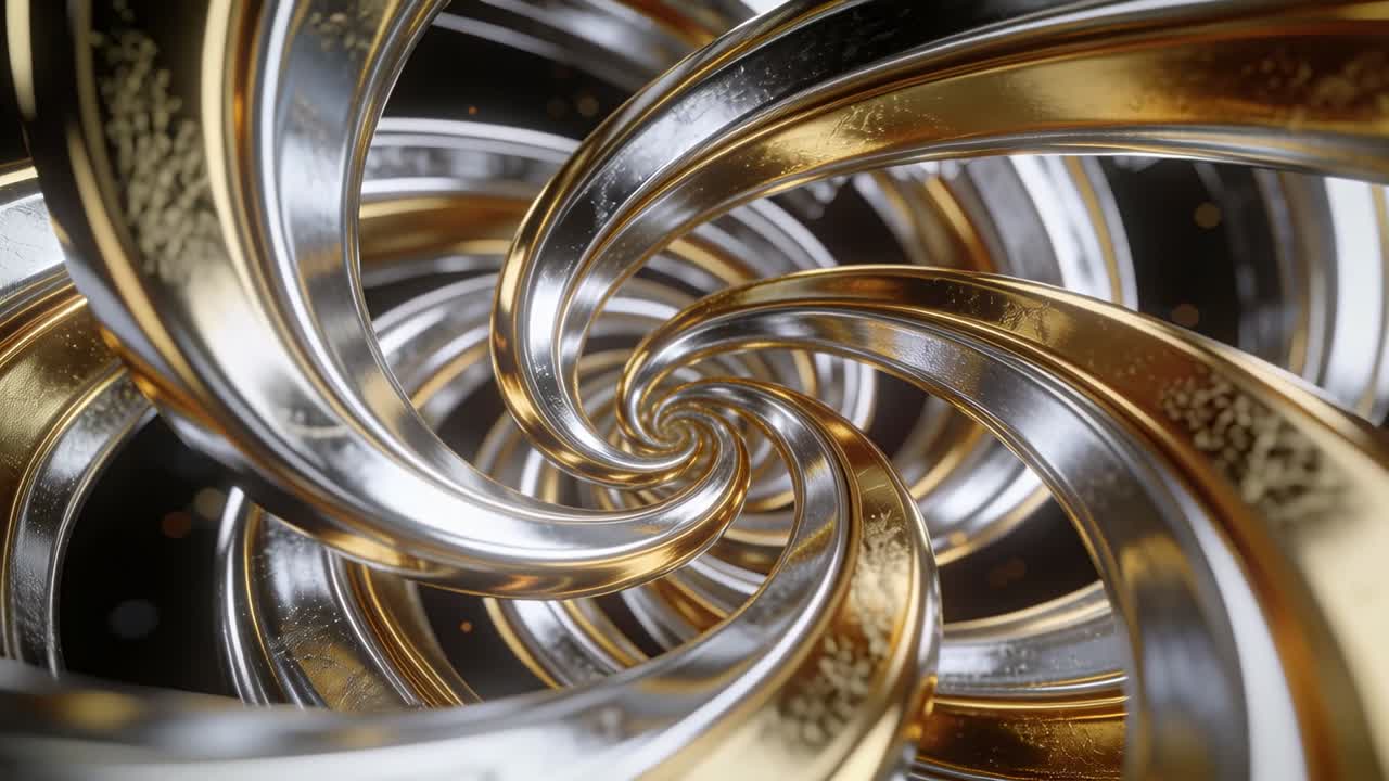 Telecamera che avanza, spirale rotante che rivela bande oro-argento, pagliuzze e bagliori, per la tecnologia.