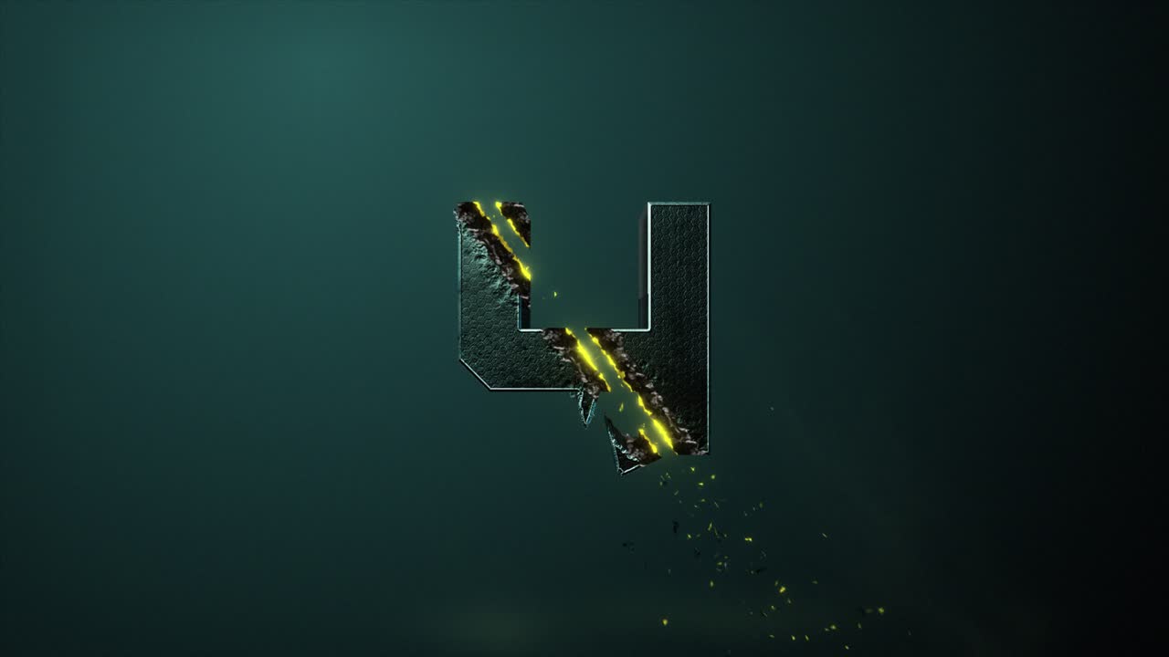 High quality 3D animated number Title Card or Chapter graphic, with hi tech sci-fi style 4 digit being zapped and sliced by a high powered laser, on a teal background