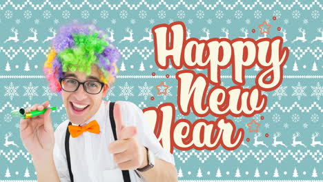 animación de texto de feliz año nuevo con hombre caucásico con ropa de fiesta