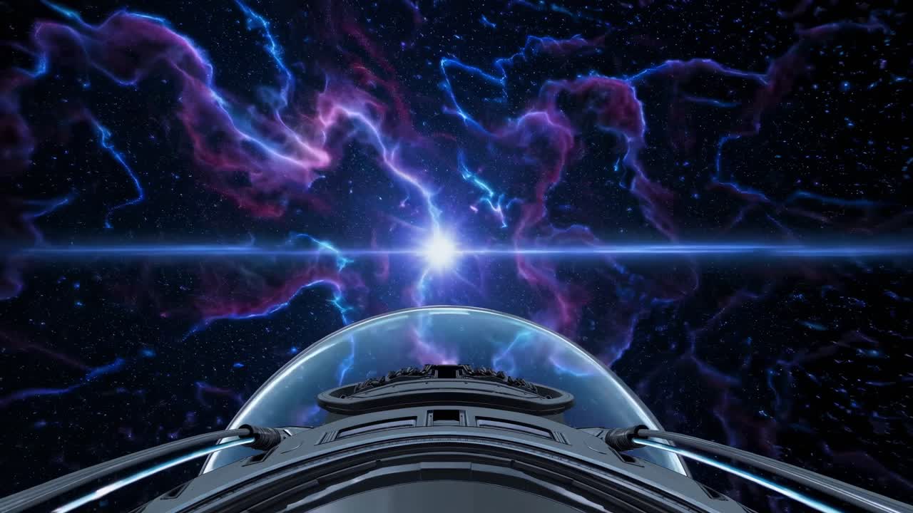 Futuristic spaceship cockpit flying through a colorful nebula with bright lights and cosmic dust, offering a breathtaking view of deep space exploration and interstellar travel