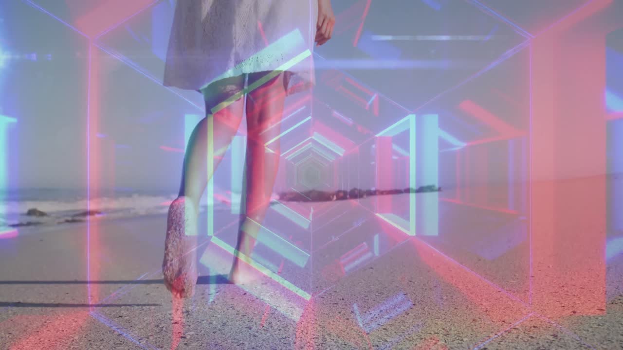 해변에서  ⁇ 고 있는 아프리카계 미국인 여성 위의 디지털 터널의 애니메이션