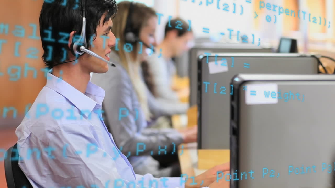 휴대폰 헤드 ⁇ 을 착용한 사람들 위에서 금융 데이터 처리의 애니메이션