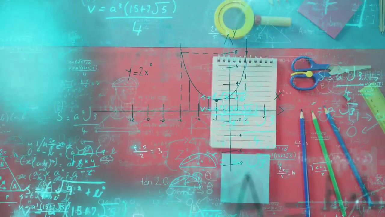 Shifting cyan flares revealing floating sketches of geometric formulas and stationery on red desk