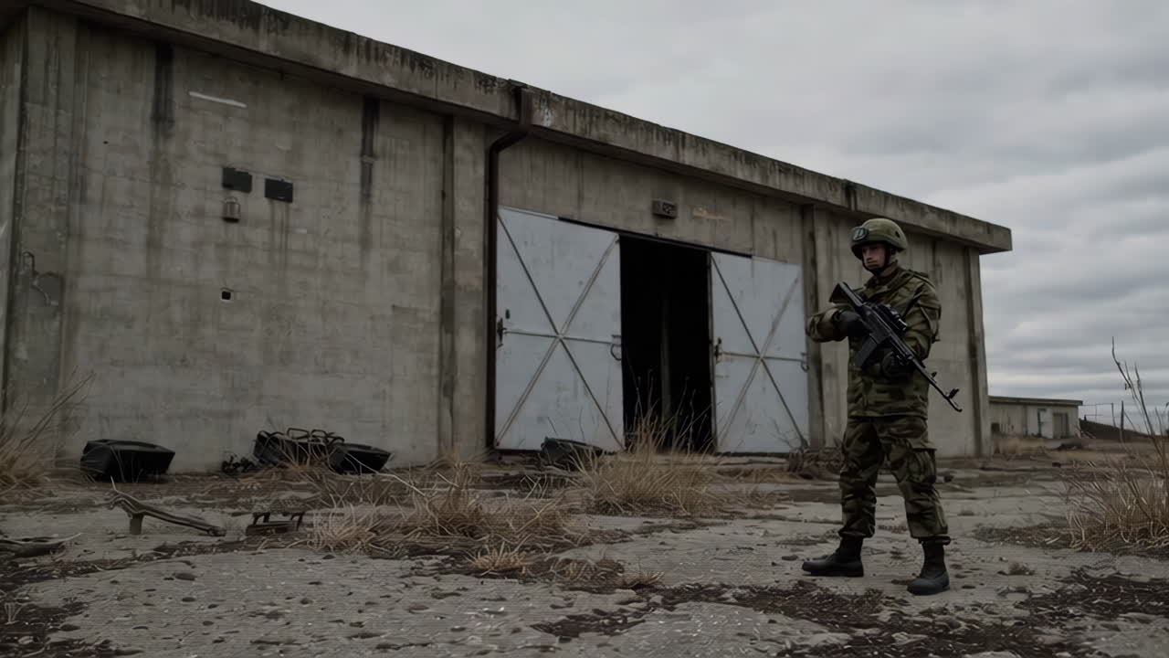 Soldier on Guard at Abandoned Military Base