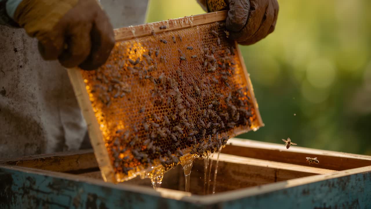 Apicoltore con guanti e tuta che solleva un telaio mentre il miele cola nell'arnia durante la raccolta, api all'apiario