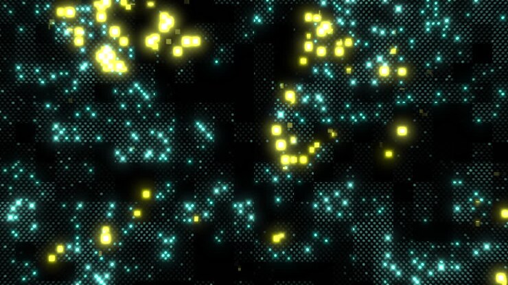 Vibrant geometric pattern of yellow and blue dots on black background