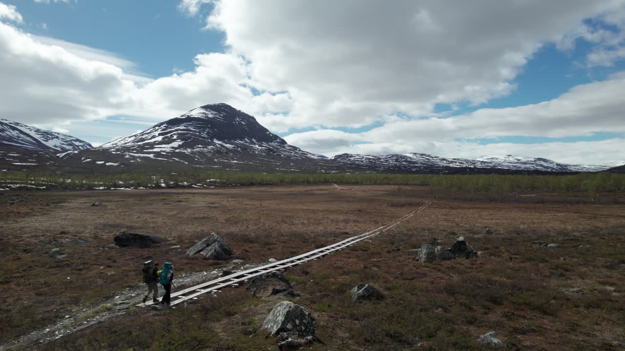 Young Couple Hiking on the Kungsleden in the Abisko National Park, Drone Shot of Hikers in a Serene Mountain Swedish Landscape, Wide Shot from Behind