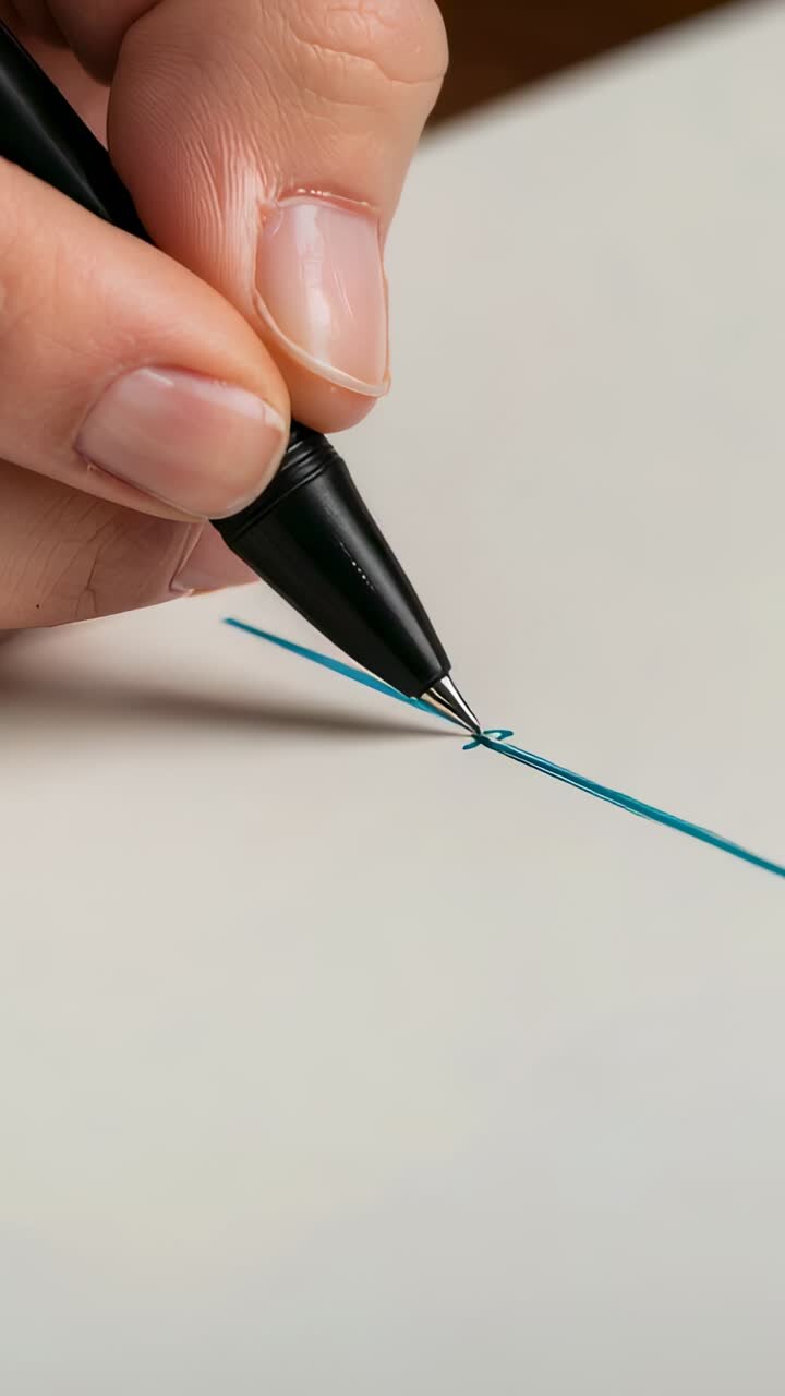 Vertical video: Touching pen tip, right hand drawing teal line on page for lettering with black pen