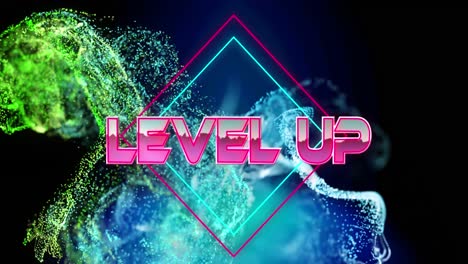 Animation-of-level-up-text-banner-over-glowing-blue-and-green-digital-wave-on-black-background