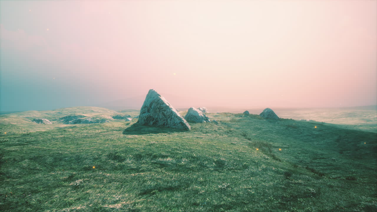바위 와 녹색 잔디 가 있는 알프스 초원